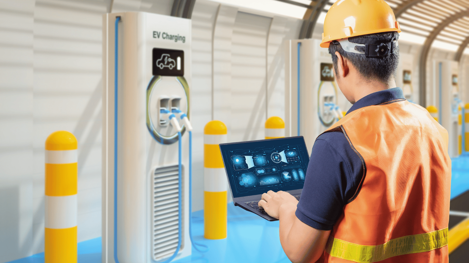 EV technician working safely on a high-voltage electric vehicle system